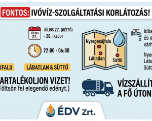 Vízhiány és nyomáscsökkenés várható Nyergesújfalun, Lábatlanon és Süttőn
